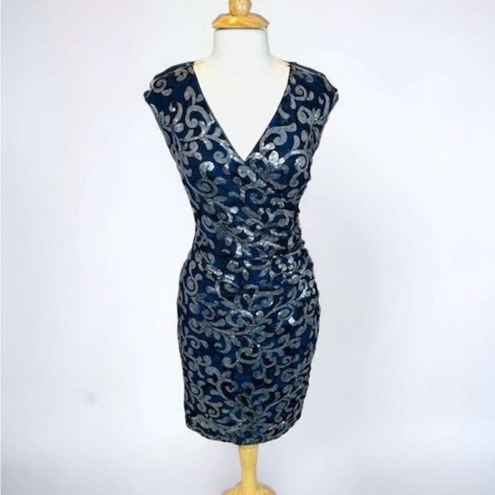 ralph lauren blue sequin faux wrap ruched sheath cocktail midi dress size 14